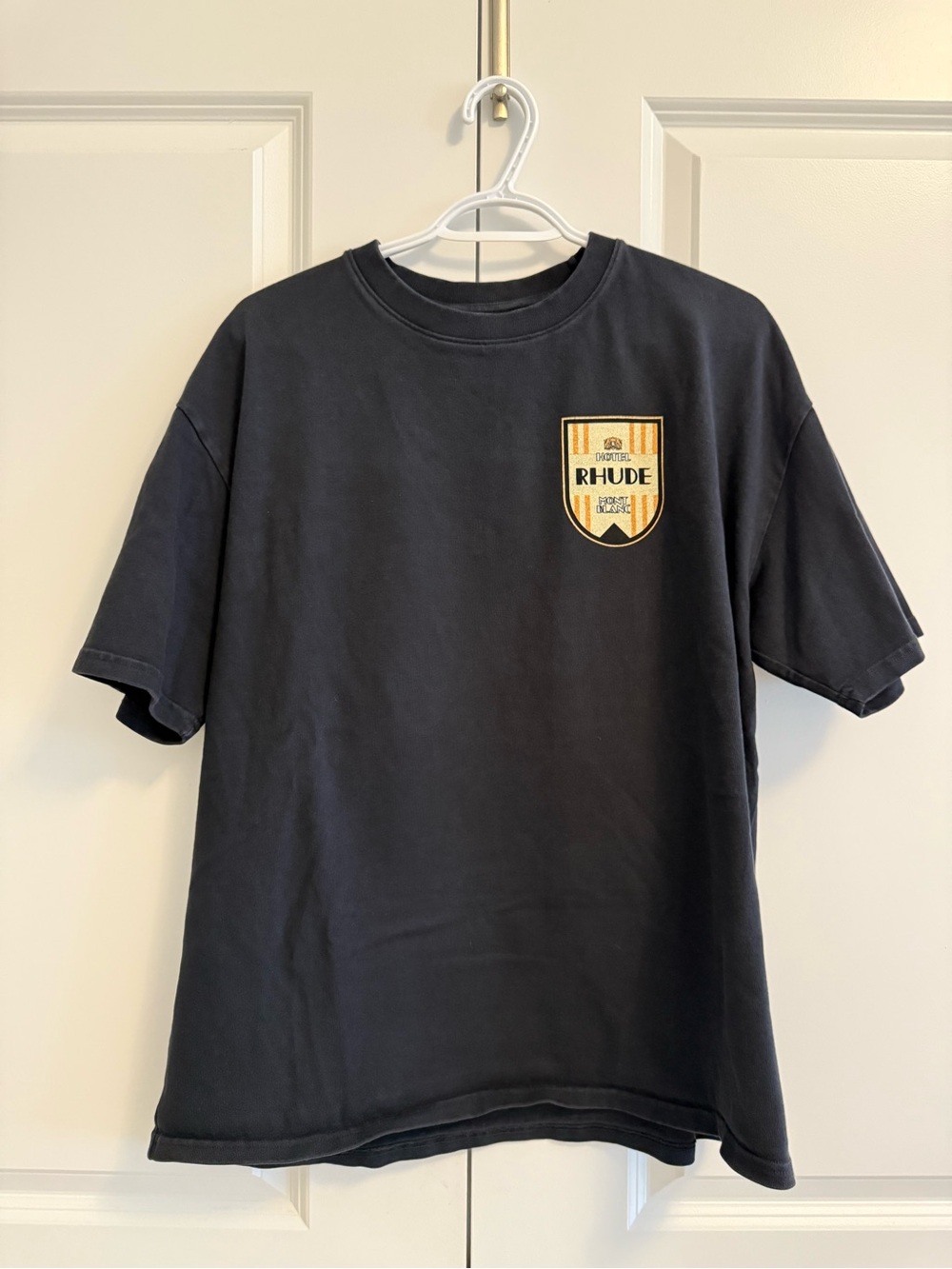 Rhude Black Short-Sleeve Crewneck T-Shirt with Yellow Shield Patch